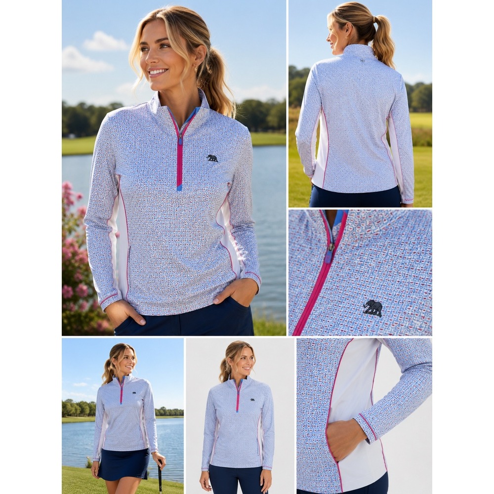 Peter Millar Women's XL 1/4 Zip Martini Print Blue Pink Golf Athletic Top UPF 50
